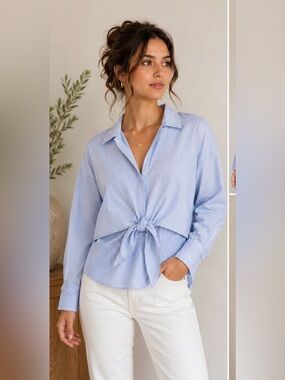 Cupio Blue Stripe Tie Front Layered Blouse Long Sleeve Button Front Top Size S